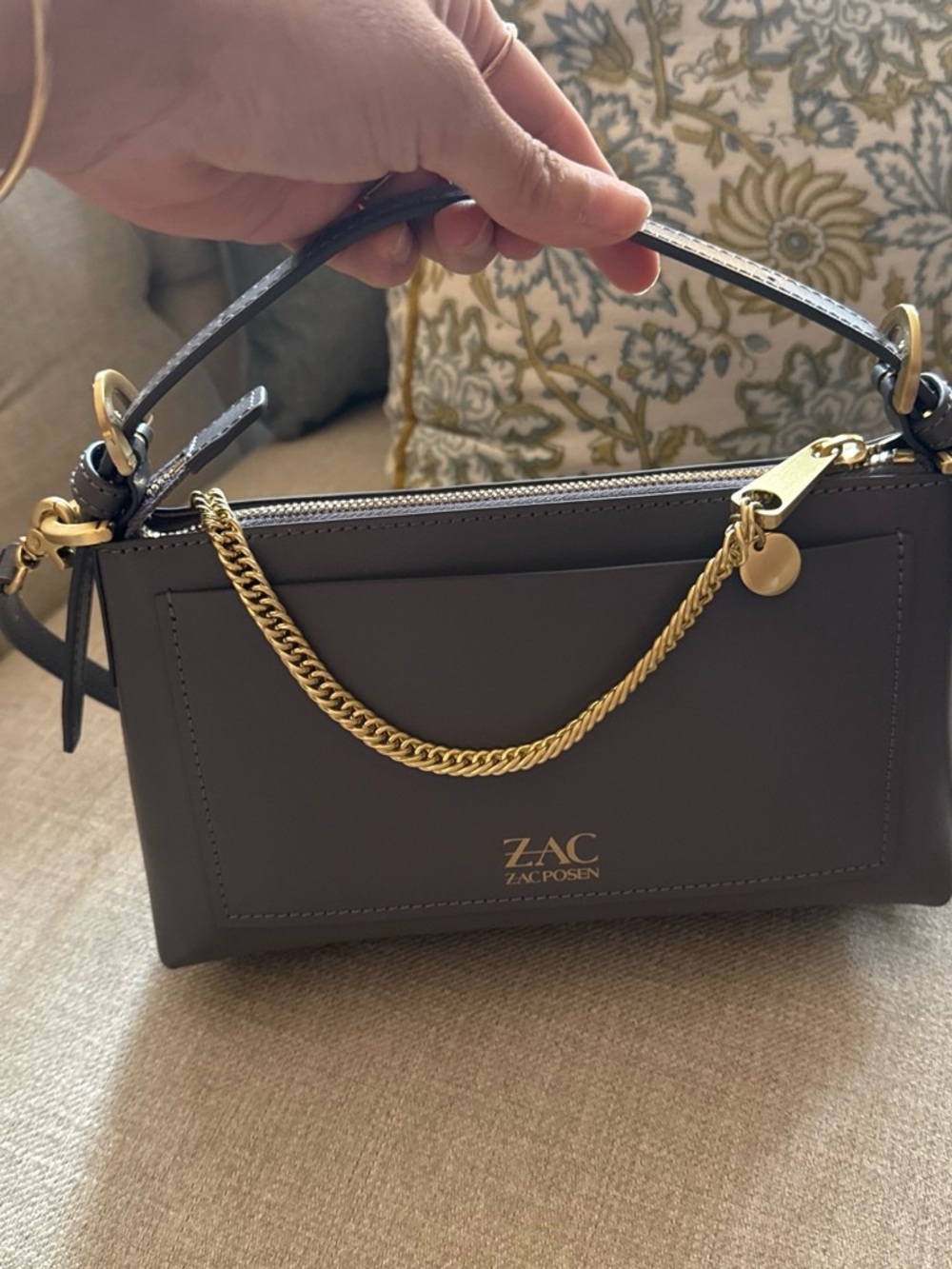 ZAC Zac Posen Gray Leather Mini Top-Handle Bag with Gold Chain - Picture 1 of 4